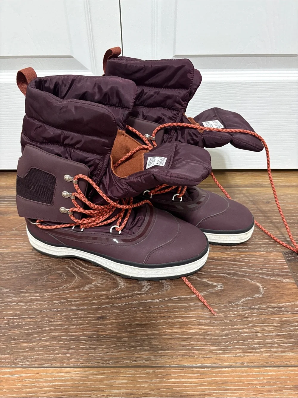 Adidas by Stella McCartney Burgundy Winter Lace-Up Boots with Orange Laces